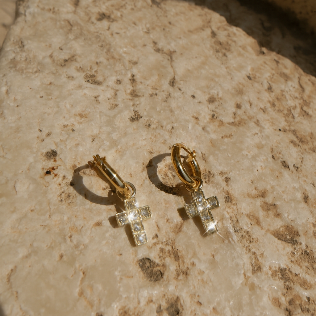 "Light of the World", Rose Cut Diamond Cross Earrings